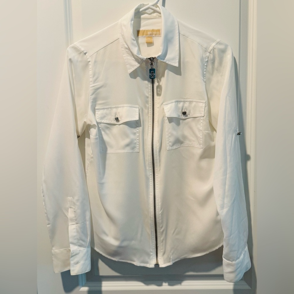 MICHAEL Michael Kors Zip Front Roll Tab Utility Blouse White Size Small - Picture 3 of 12